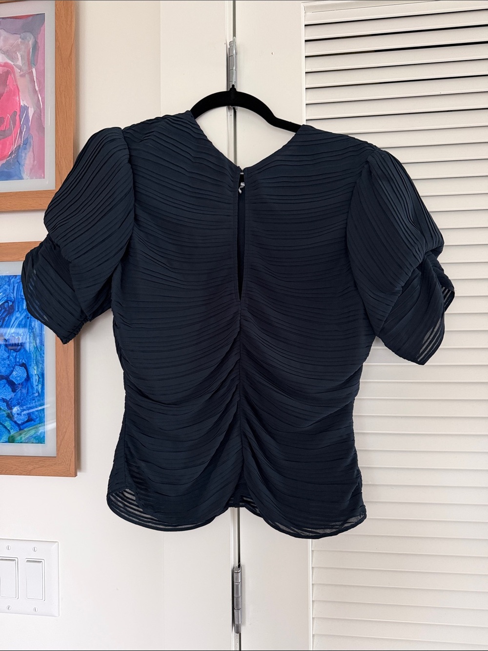 Frame Denim Navy Pleated Short-Sleeve Blouse